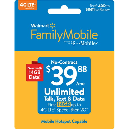Walmart Family Mobile $39.88 Unlimited Monthly Plan (with up to 14GB of data at high speed, then 2G*) w Mobile Hotspot Capable (Email