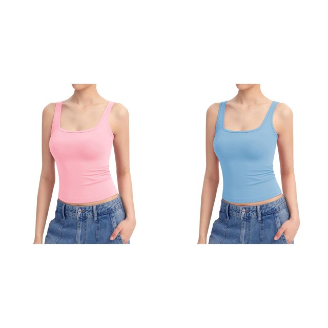 (2-Pack) Rinsvye Women's Square Neck Tank Plus Size Camisole for Women 2X Top Sleeveless Double Lined Seamless Tops for Women Long Basic Tops Collection
