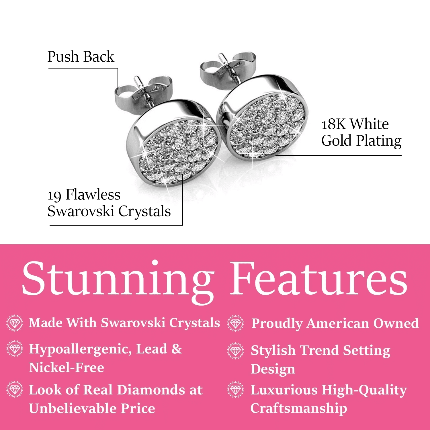 Cate & Chloe Nelly 18k White Gold Plated Pave Stud Earrings with Swarovski Crystals Gift for Women