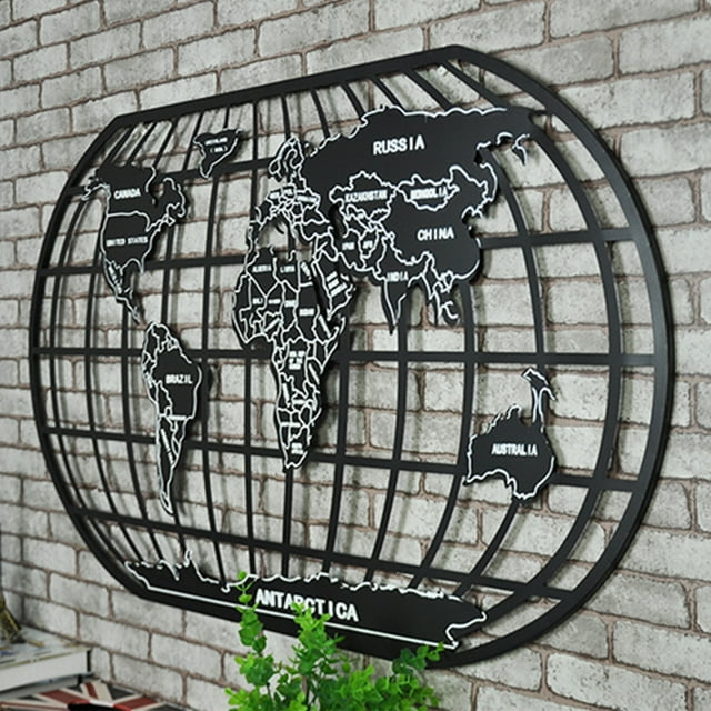 58CMX100CM Black Iron Rack World Map Sculpture Art Home Wall Office Bar