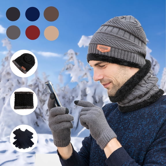 Sales Today Under $5 Grey Winter Hat Gloves Set GIJNRIUIUA Knitted Windproof Fleece Men's Winter Hat Winter Men's Gloves Scarf Hat Three- Warm Hat Knitted Hats