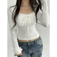 thumbnail image 4 of Yunliwuli Women's Spring Autumn Fashion Tops White Long Sleeve Lace Trim Ruched Tie Up T-shirt, 4 of 10