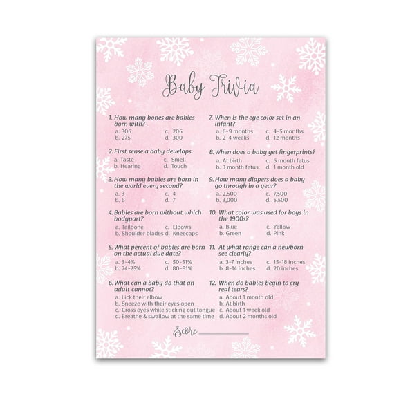 SNOWFLAKES Baby Shower Game BABY TRIVIA Game — Pack of 25 — WINTER Wonderland Baby Shower Game, Fun Baby Facts Game It’s cold outside Holiday Baby Shower Activity PINK Girl Baby Shower Game G780