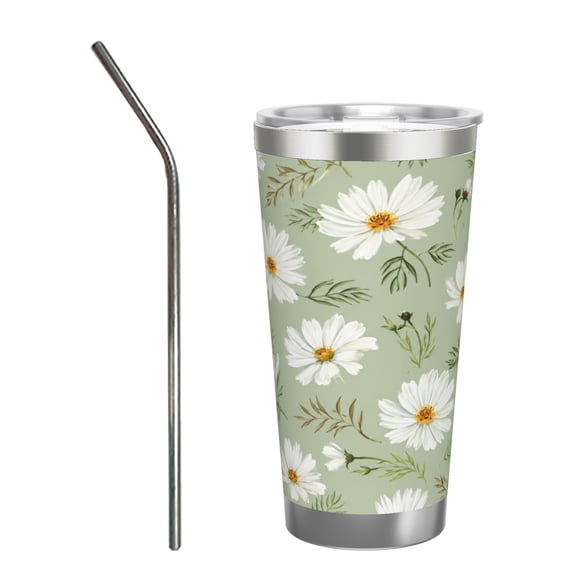 20oz Sage Green Daisy Floral Watercolor Botanical Insulated Tumbler with Handle and Straw Travel Cup Car Cup with Stainless Steel Straw