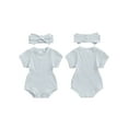 thumbnail image 3 of Yunliwuli Newborn Girl Outfit, Short Sleeve Crew Neck Solid Bodysuit with Bowknot Headband Summer Clothes, 3 of 10
