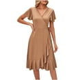 thumbnail image 2 of Summer Saving Wycnly Formal Dresses for Women Casual Solid Ruffle Wrap Hem Party Knee-Length Dresses Short Sleeve V-Neck Plain 2024 Summer Midi Dress Khaki XL, 2 of 6