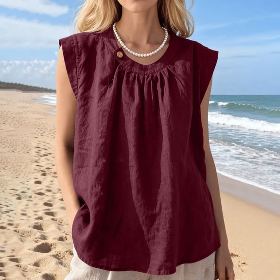 CQONEPT Womens Sunmmer Tops Cotton Linen Tank Tops Crewneck Loose Casual Sleeveless Summer Vacation Shirts Wine 3XL