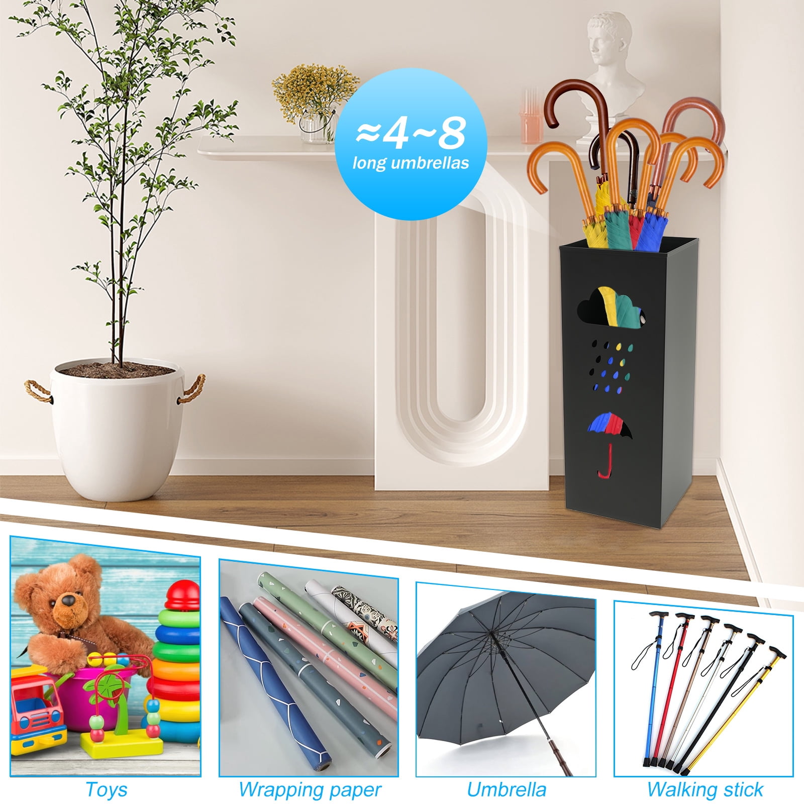 LINFANG Umbrella Stand Metal Umbrella Holder Hollowed Square Walking Cane Organizer Rack for Home Office Entryway
