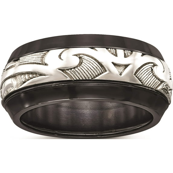 Titanium/Silver Two-Tone Edward Mirell Black Ti & Sterling Silver Inlay Polished Scroll Ring (Size 12.5) Made In United States emr300-12.5