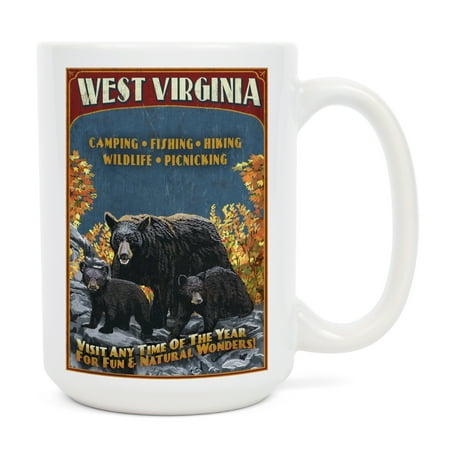 

15 fl oz Ceramic Mug West Virginia Black Bear Family Vintage Sign Dishwasher & Microwave Safe
