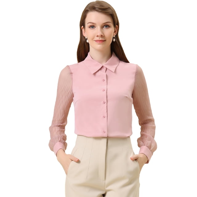 INSPIRE CHIC Blusa de chifón con botones y manga transparente texturizada para mujer Rosa M
