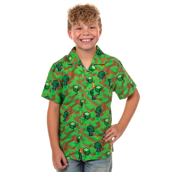 Minecraft Hawaiian Shirt Boys' The Overworld Woven Button Up Collared Top