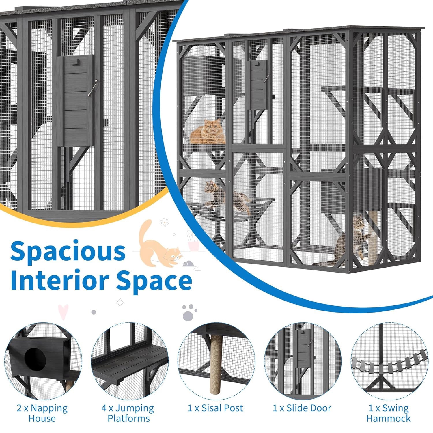 Roromall Large Walk-in Window Catio Outdoor, 70'' Wooden Cat Enclosure for Mulitiple Cats with Waterproof Roof, Feral Cat Shelter with Platforms, Hammock, Scratching Post and Resting Box