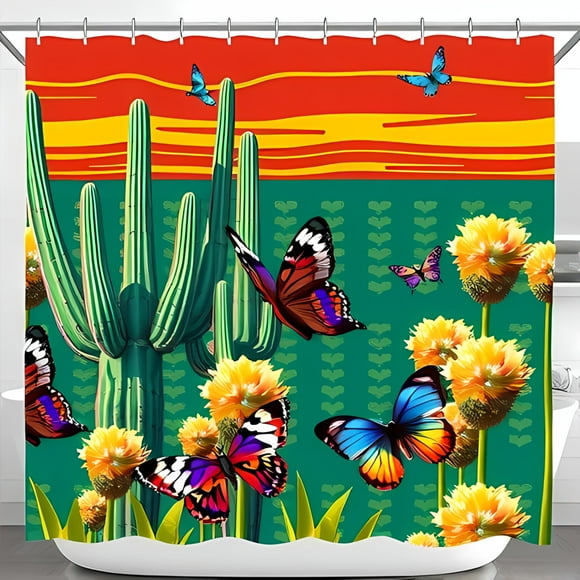 Vibrant Desert Landscape Shower Curtain with Majestic Saguaro Cacti & Colorful Butterflies Perfect for a Bold Bathroom Decor