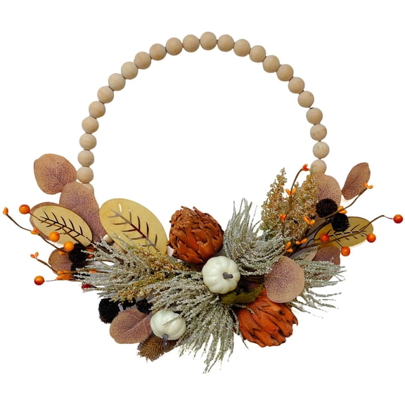 16" Artificial Fall Wooden Beads Wreath with Leaves, Chrysanthemums & Mini Pumpkins - Handcrafted Harvest Decor for Front Door, Wall, Farmhouse (Indoor/Outdoor Use)