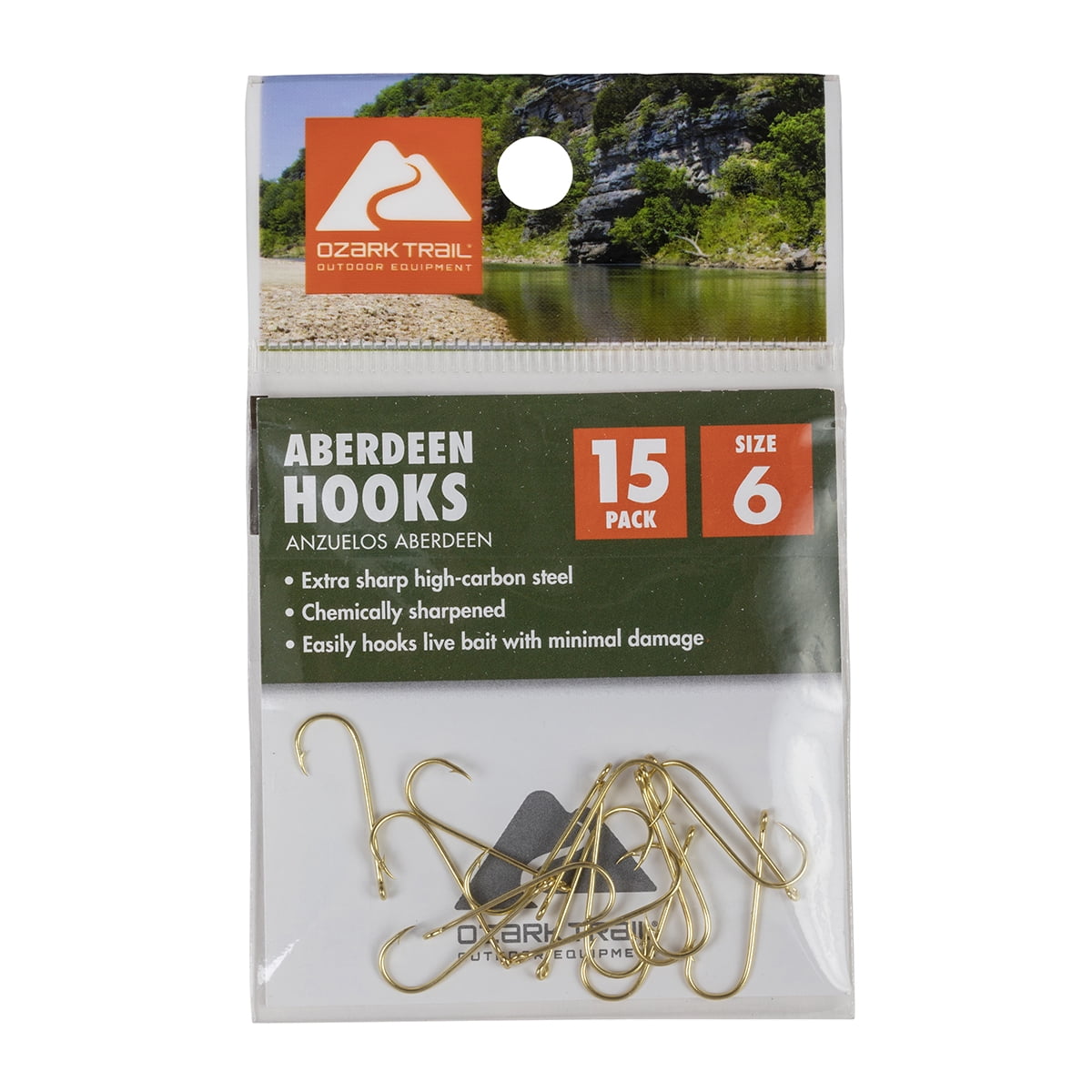 Ozark Trail Gold Aberdeen Light Wire Fishing Hooks Size 6 - 15 Pack