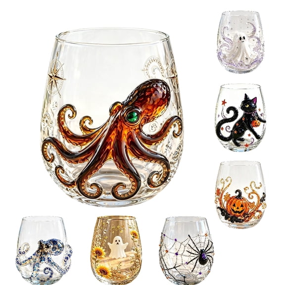 AHGQT Halloween Octopus Stemless Wine Glass, Brown Octopus with Eight Claws Drinking Cup, Decorative Drinkware Party Cup Holiday Gift for Home Bar Table Decor