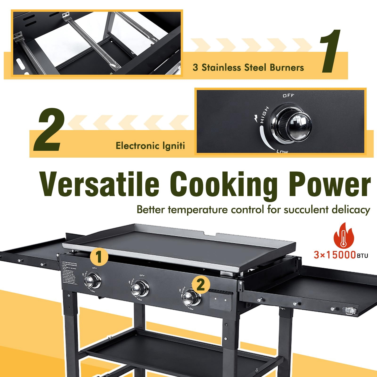 Frizi 45,000 BTU 3-Burner 35" Flat Top Propane Grill with Foldable Shelves, Porcelain-Enameled Cast Iron Grate, Portable Outdoor Griddle for Camping, BBQ, and Tailgating