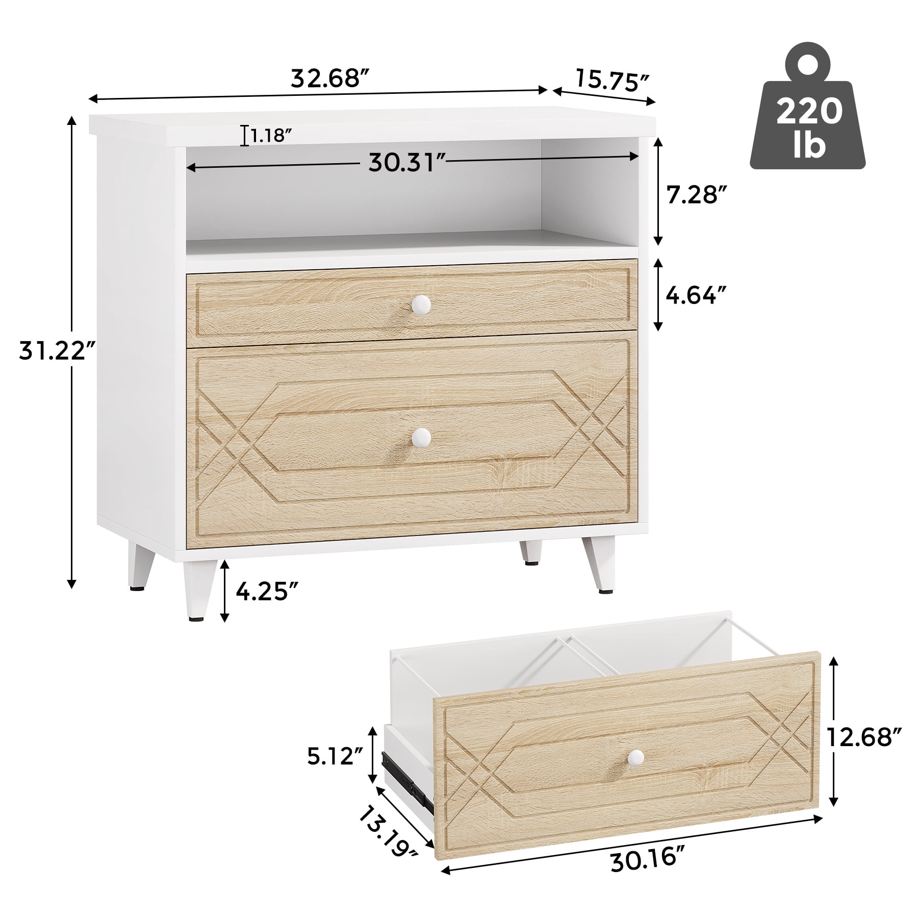 Condemo Large Storage MDF Board Metal Lateral File Cabinet Printer Stand, White and Light Brown