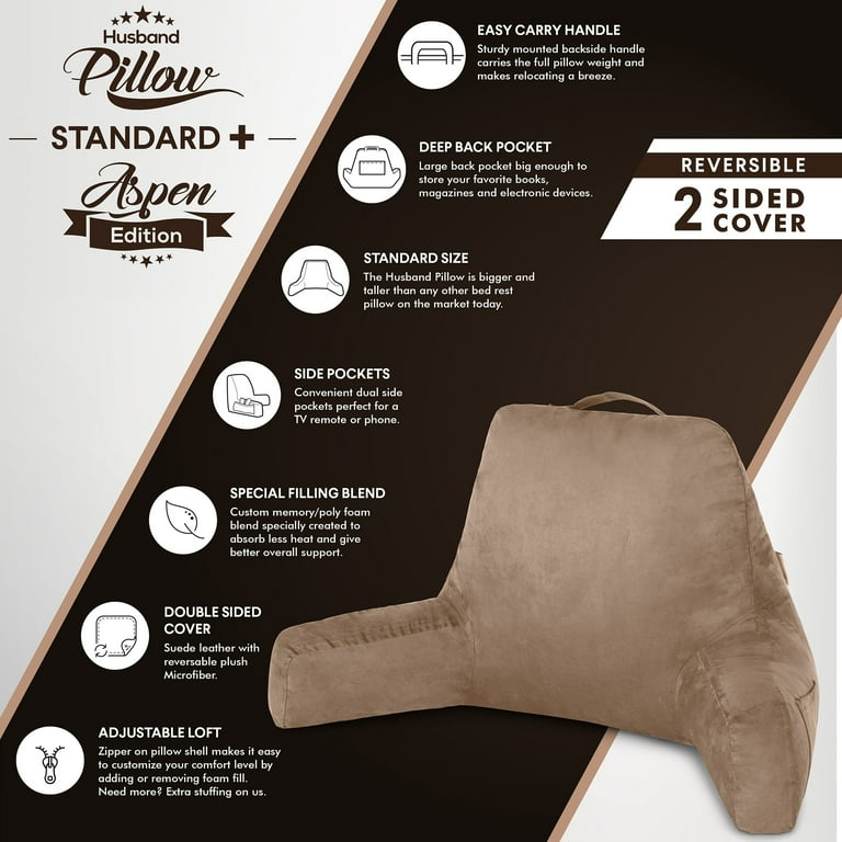 Husband Pillow Aspen Saddle Brown Reading Pillow Bed Rest Chair Two Sided Reversible Fabric Large Lounge Cushion Adult Backrest with Arms Comfy Back Support for Sit Sitting Up Wash Remove Cover Walmar...