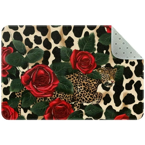 PhooArto Red Roses and Leopard Print Decorative Doormat, 31x20in Non-Skid Rectangular Floor Mat Switch Mat Area Rug for Indoor Outdoor Home Garden