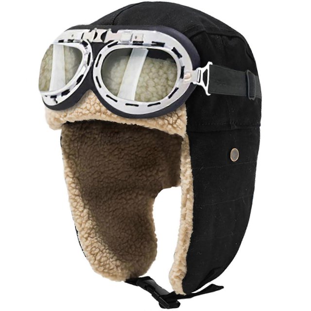 Vintage Aviator Hat & Goggles Set - Winter Warm Hat with Fur Ear Flaps, Trooper Trapper Pilot Cap for Men & Women, Costume Accessories