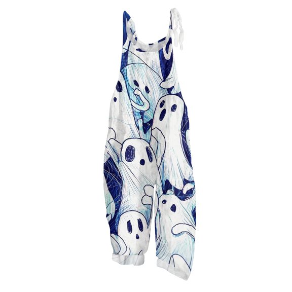 WULMLEO Halloween Jumpsuits Women Cotton Linen Cute Spaghetti Strap Wide Leg Adjustable Tie Overalls Casual Trendy Rompers Comfy Skull Pants with Side Pocket Dark Blue S
