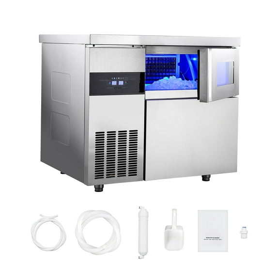 KFFKFF Commercial Ice Maker Machine, 265 lbs/24H Stainless Steel Ice Maker with Countertop, 66 lbs Storage & 126 Cubes per Cycle, Self-Cleaning Freestanding Ice Machine for Home, Bar, Office