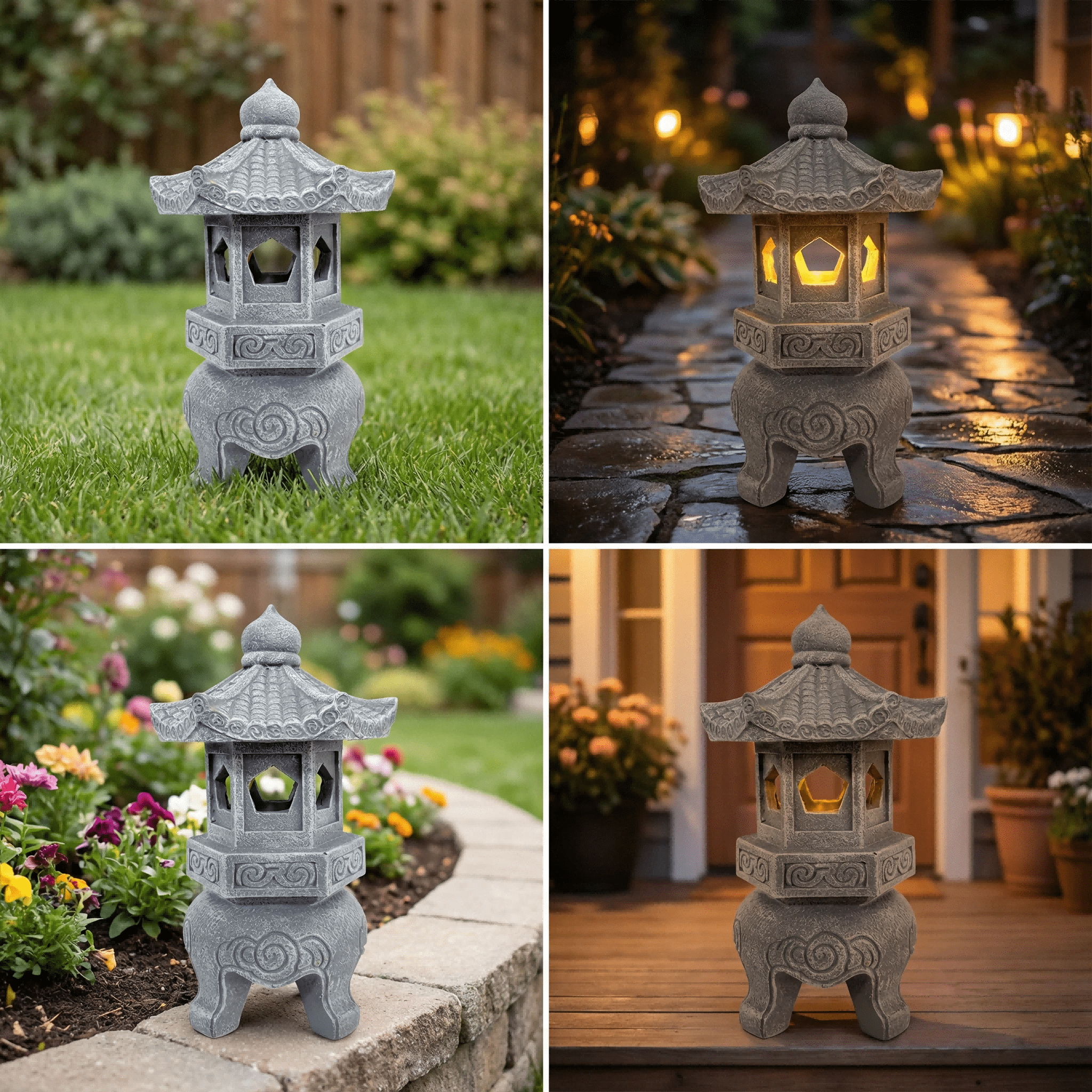 Lumiartisan Japanese Resin Lantern Garden Statue Zen Style - UV Resistant Lighted Roof Outdoor