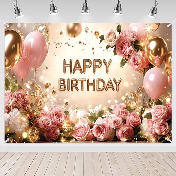 7x5ft Pink Rose and Gold Balloon Birthday Party Backdrop for Women