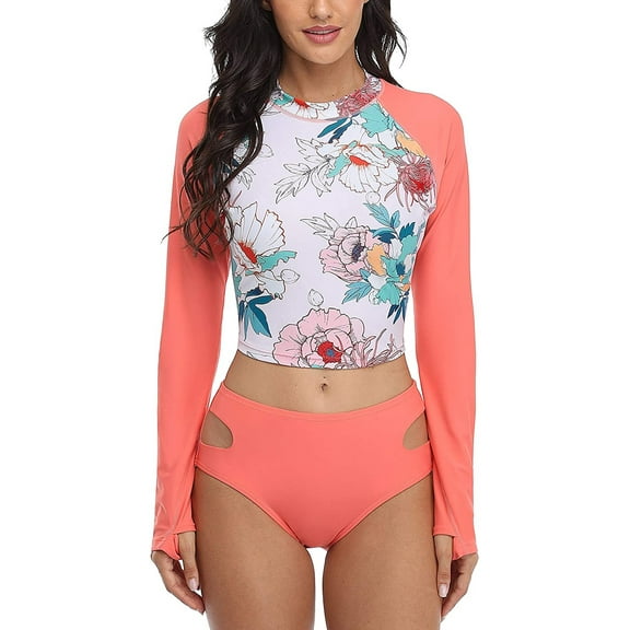 Alove Women's Two Piece Rash Guard Long Sleeve Swimsuit Sun Protection Crop Swim Tops with Bottoms UPF 50 Bathing Suit