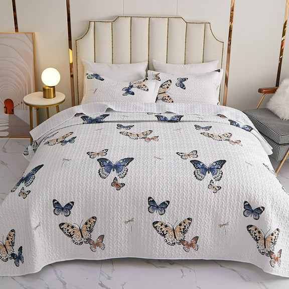Butterfly Bedspread for King Beds – Includes Bedspread and Shams (White&Pink)