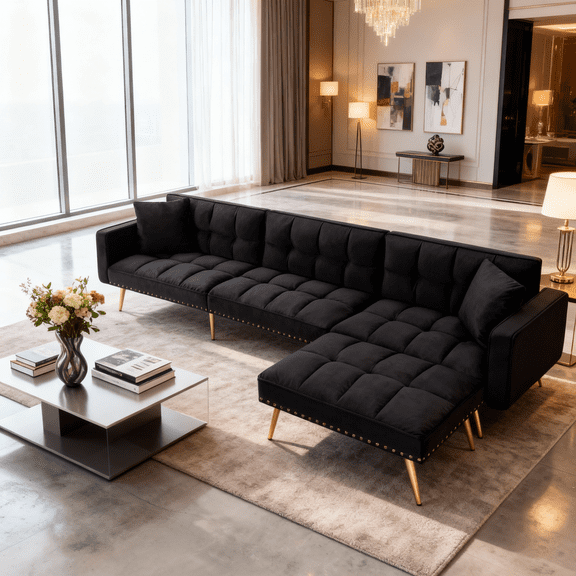 Gewnee 107"Sectional Sofa,Convertible Sleeper Sofa with 5 Adjustable Backrest,L-Shaped Couch for Living Room,Black Velvet
