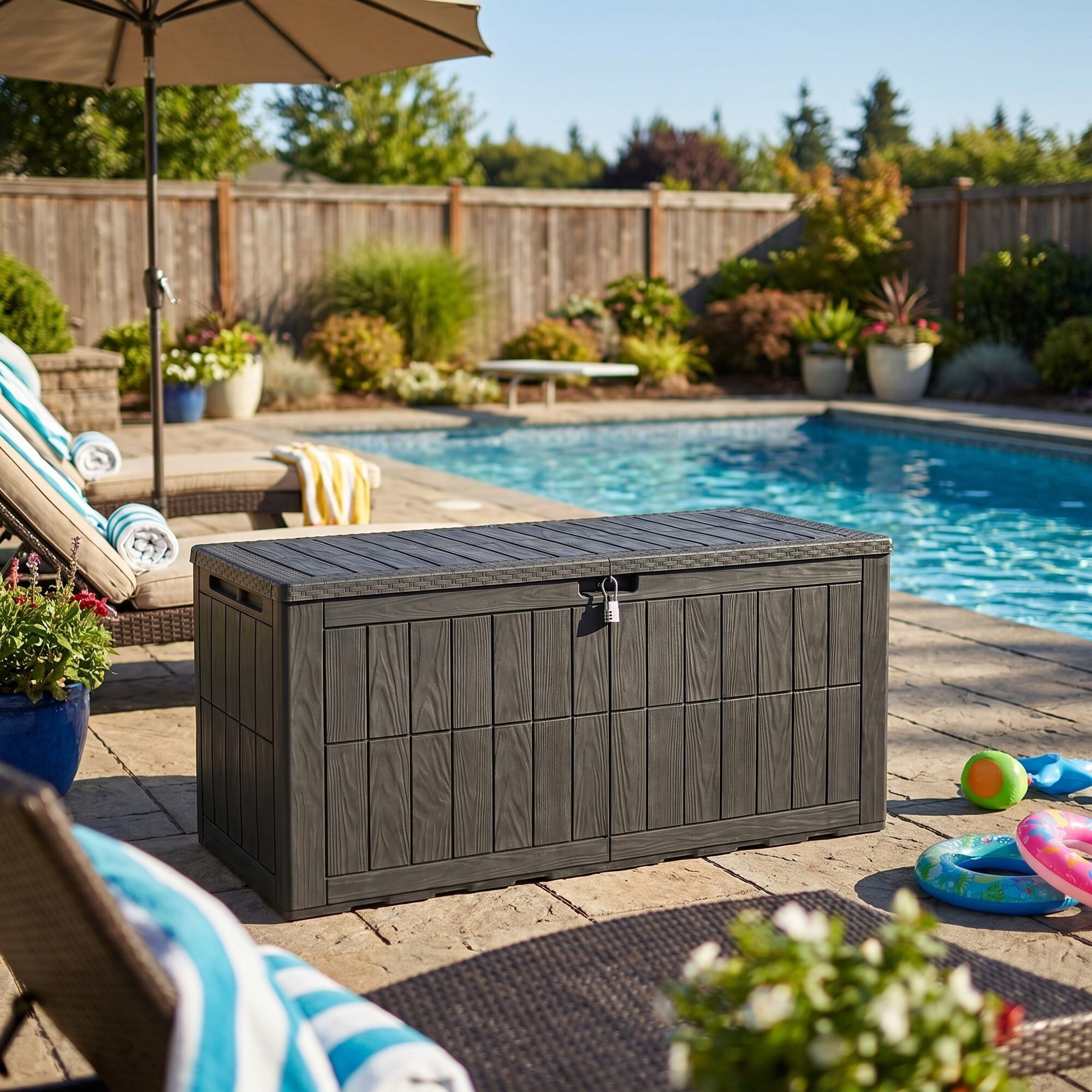 Uforic 134 Gallon Waterproof Outdoor Storage Box with Lock, Resin Deck Box with Hydraulic Support, Weatherproof Storage Bin for Patio Cushions Garden Tools Pool Supplies, Dark Gray