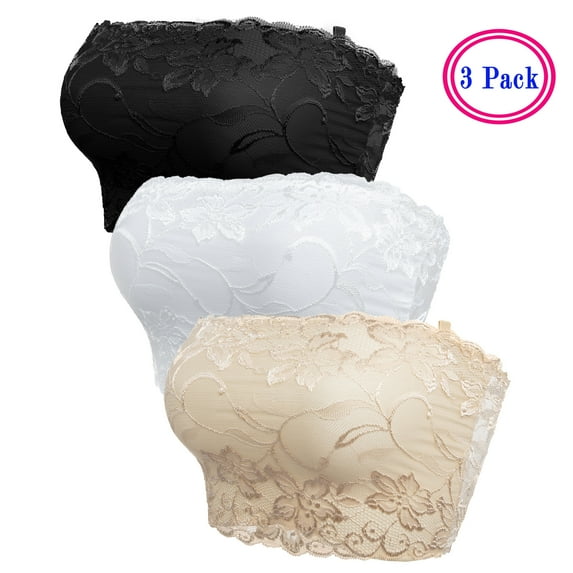DODOING 3 Pieces Women's One Size Strapless Lace Bandeau Bra Seamless Stretch Bandeau Tube Bra Top (White & Black & Beige)