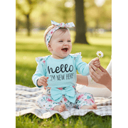 PatPat Baby Girl Clothes Floral Romper Long Sleeve Pants Headband Set Summer Winter Clothing for Newborn Infant Baby Girls Mint Mambo Mint Mambo Mint Mambo 0-3 Months
