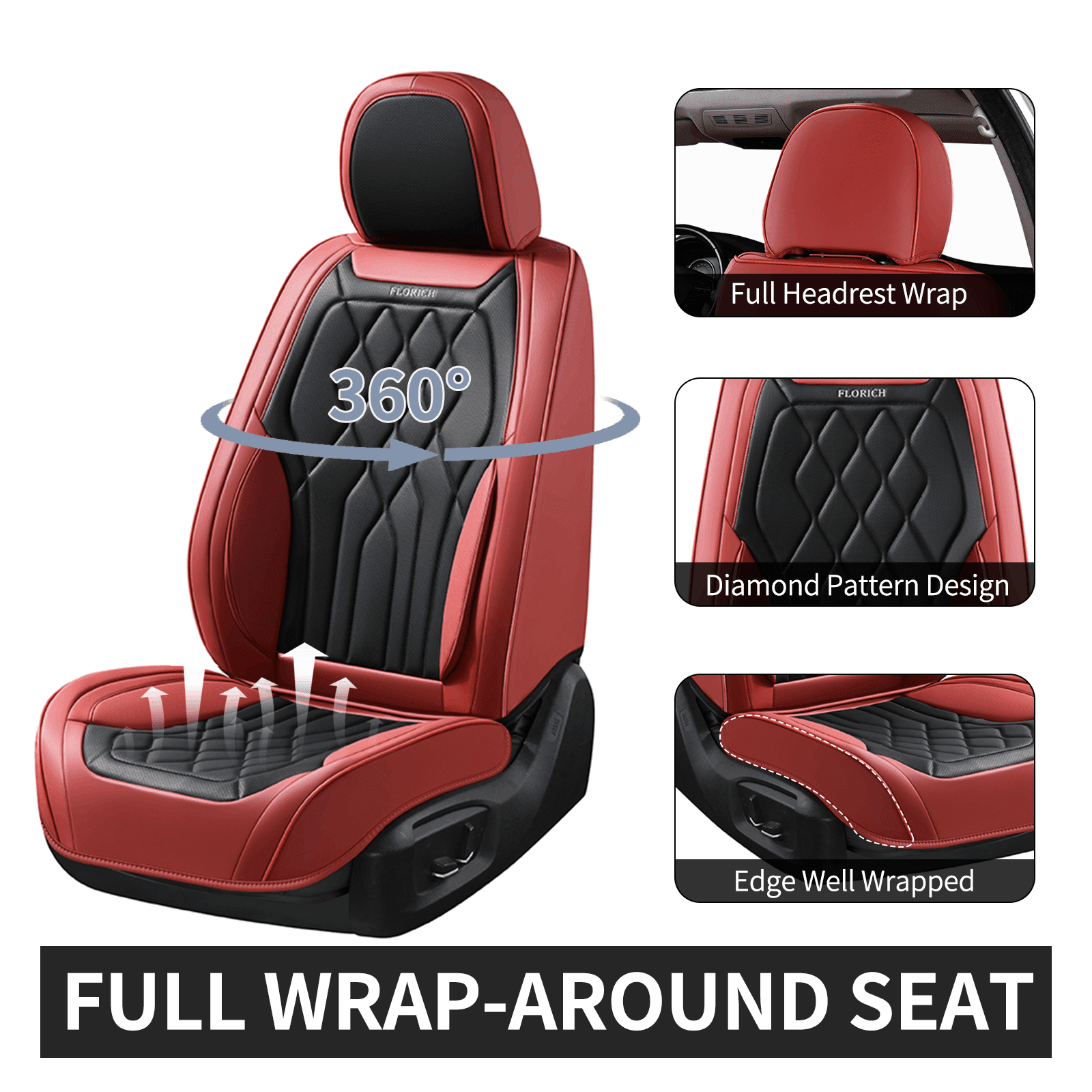FLORICH Car Seat Covers Full Set, Waterproof Faux Leather Seat Protectors, Automotive Interior Cushions Universal Fit for Most Cars Suv Trucks, Black & Red