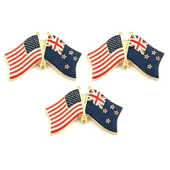 New Zealand & US Crossed Double Flag Lapel Pins, Pack of 3