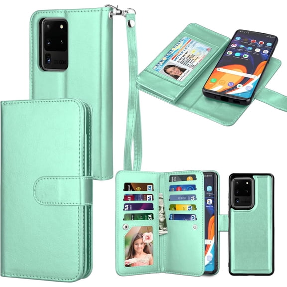 Takfox Wallet Case for Galaxy S20 Ultra, for Samsung Galaxy S20 Ultra Case 6.9" PU Leather ID Credit Card Holder Slots Folio Flip Magnetic Detachable Hard Phone Case [Kickstand] & Lanyard-Turquoise