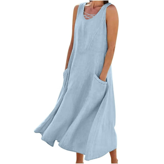 fatyb Robes Maxi d'Été pour Femmes avec Poches, Col en V Croisé, Sans Manches, Robes Décontractées pour Femmes