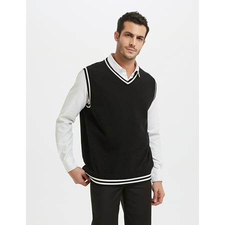 Toptie - TOPTIE Mens Sweater Vest, Black and White Trimmed V-Neck Soft ...