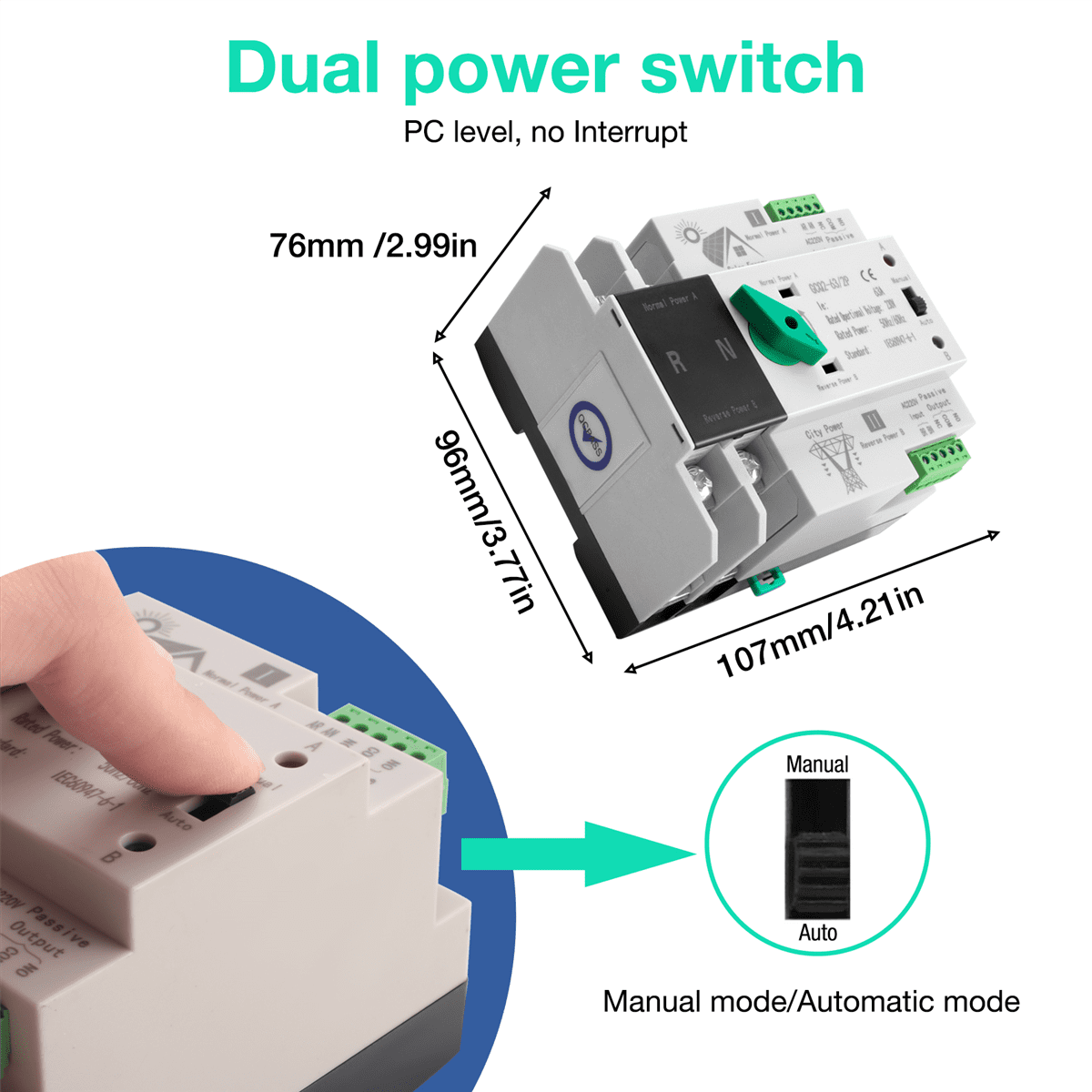Photovoltaic Solar Power ATS Automatic Transfer Switch Din Rail 2P 63A AC220V ATS PV System Power to City Power,1 x Automatic Transfer Switch,White & Black