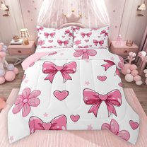 Feelyou Fashion Pink Bowknot Full Size Comforter Sets, Love Heart Flower Bedding Comforter Set, Teens Kids Girls Women Reversible Bedding Sets, Microfiber Bedroom Decor, 3-Piece