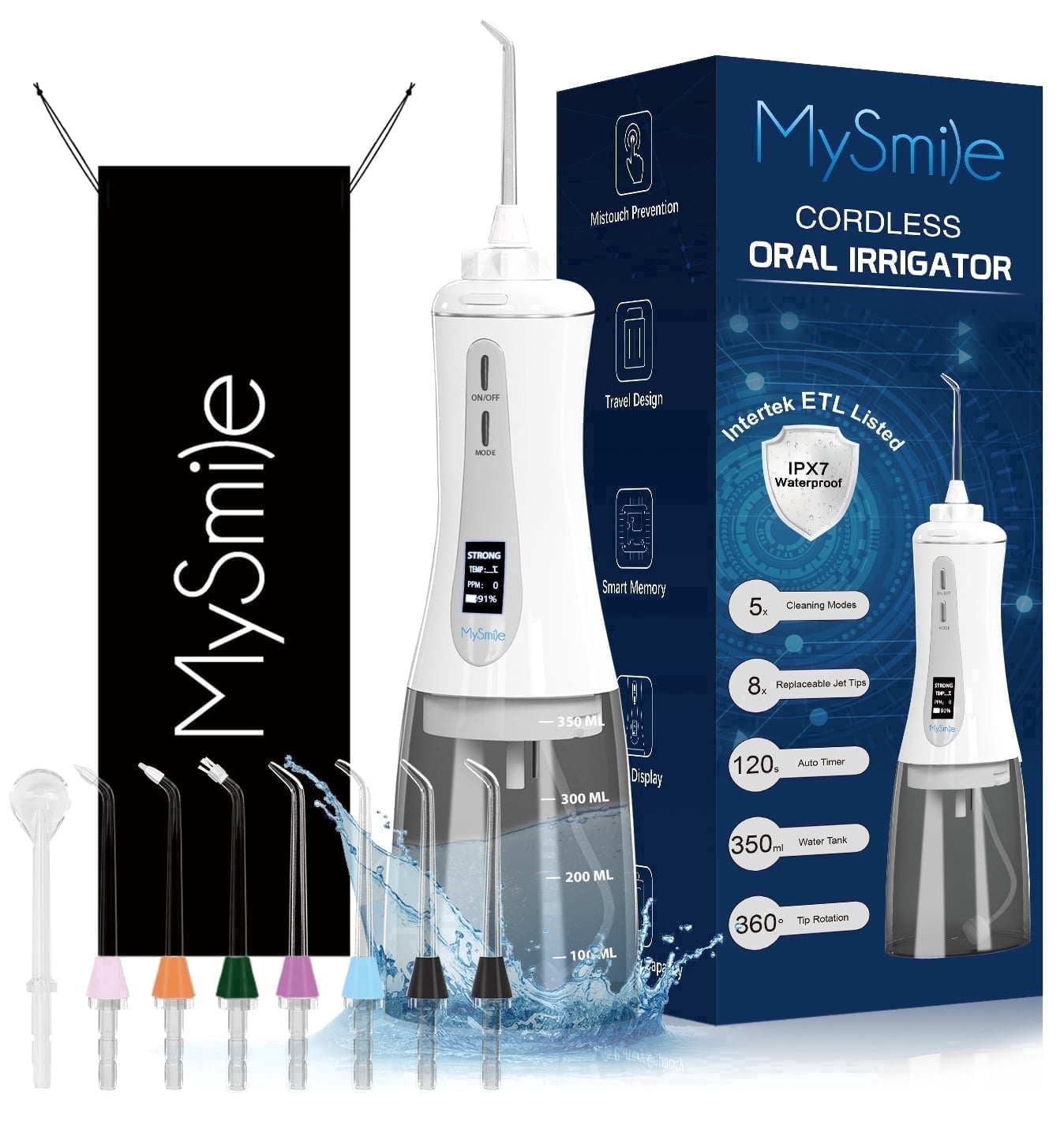 (5 pack) MySmile LP201 OLED Cordless Water Flosser for Teeth Braces, Gums, Dental Electric Power Flosser, Portable Oral Irrigator, 5 Modes, 8 Jet Tips,350ml , White