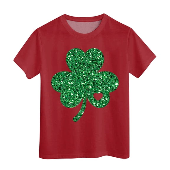 Shadoumai Girls' St. Patrick's Day T-Shirt, Pink with Green Sequin Shamrock, Short Sleeve