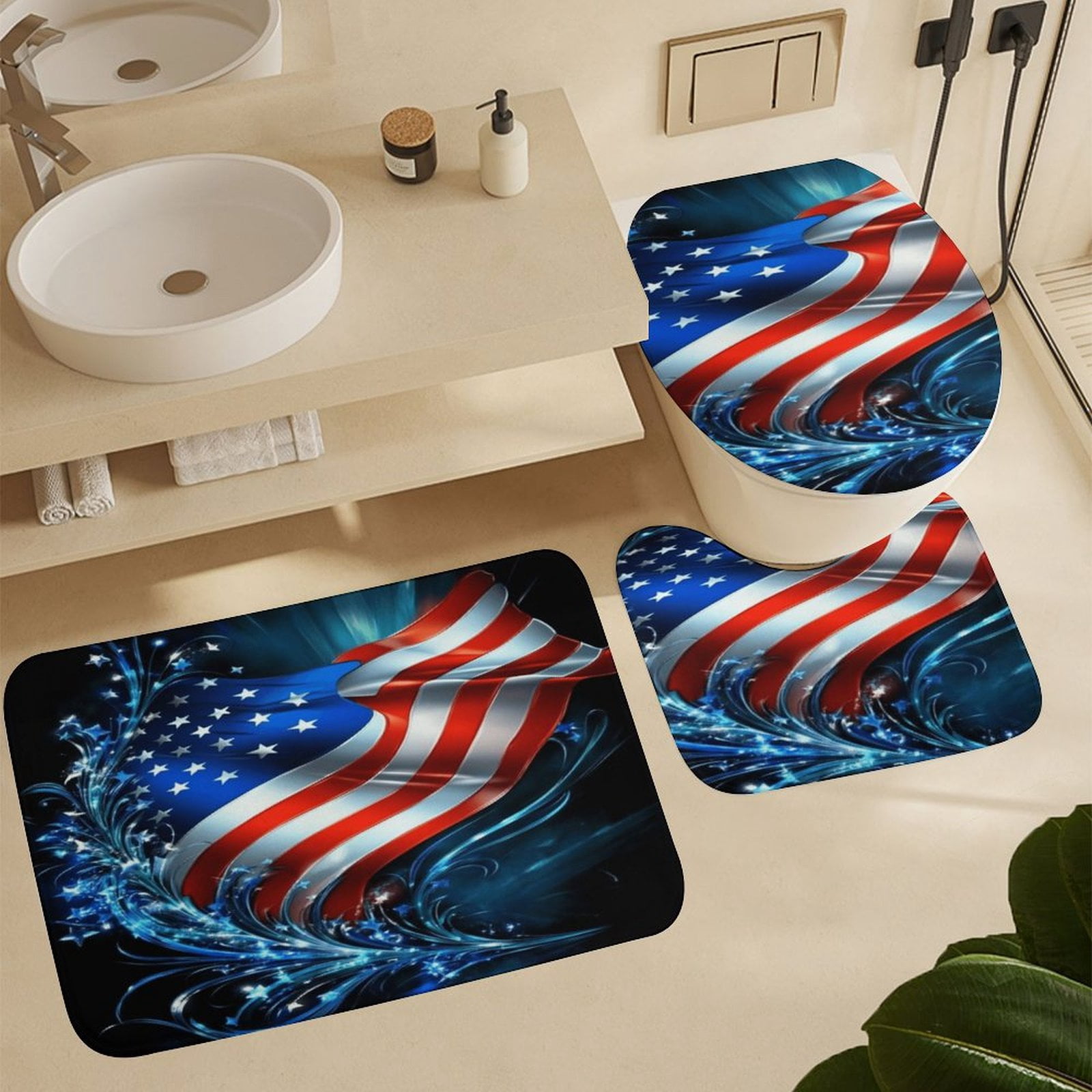 4th of July 4Pcs Shower Curtain Set Shower Curtain Set with Carpet Bath Mat