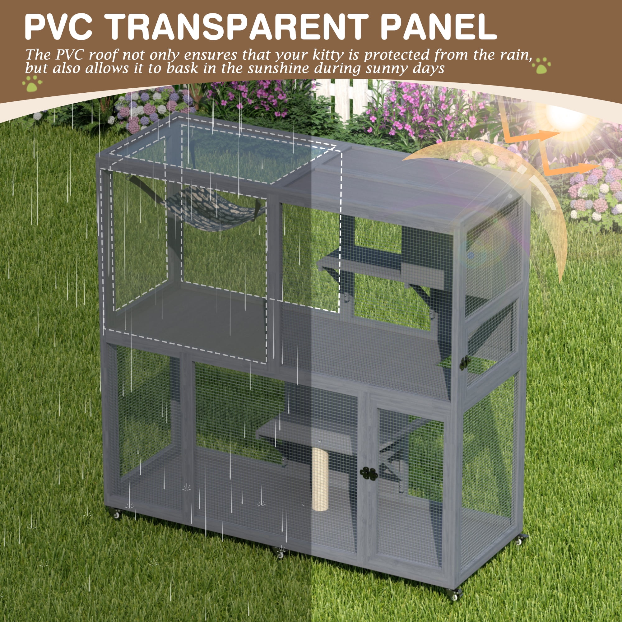 Haverchair 4-Tier Catio Cat Enclosure Outdoor, Portable Cat House Cage for Multiple Cats Indoor, Wood Kitty Condo w/Waterproof Roof Wheels Platforms Hammock Scratching Post for Sunbathing Playing