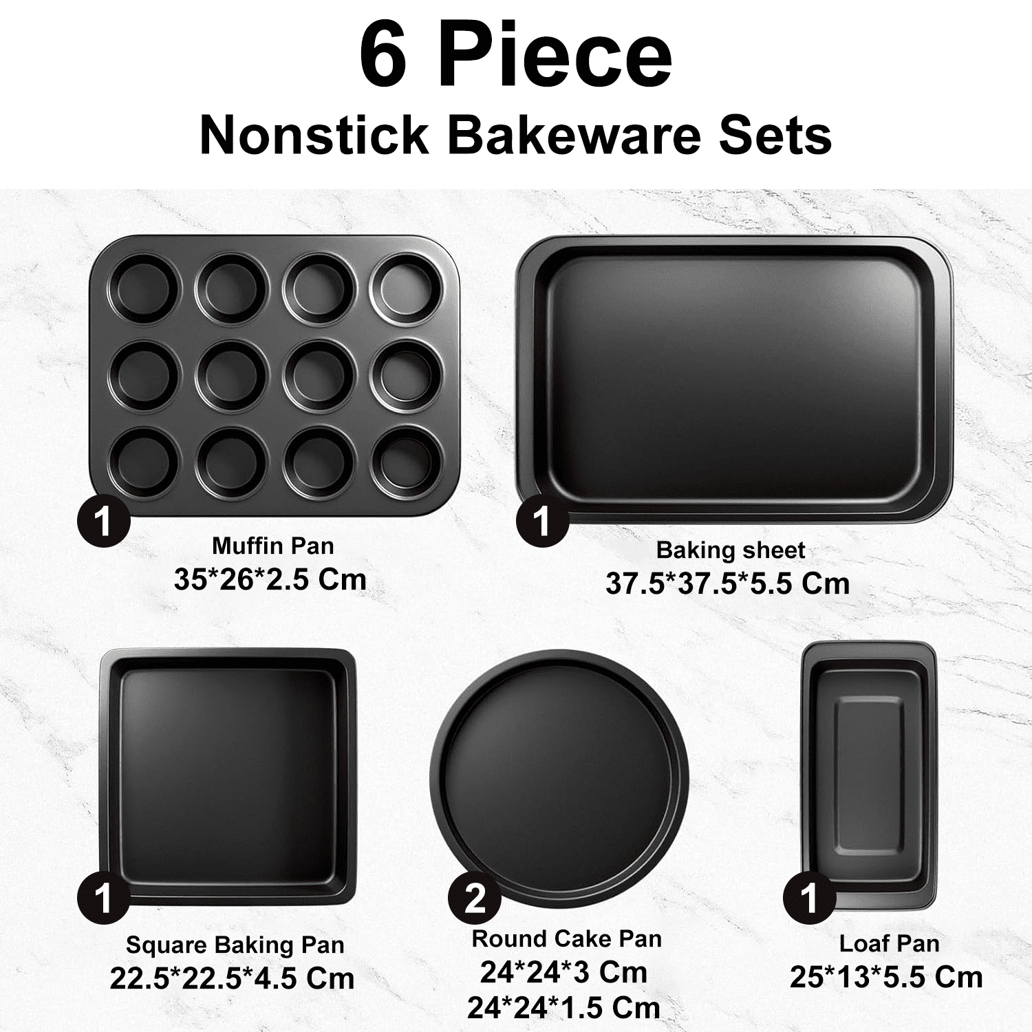 SPORTS JOY 6 Piece Baking Pans Sets for Kitchen,Stackable Nonstick Baking Pans,Carbon Steel Baking Pans Set with Cookie Sheet,Loaf Pan,Square Cake Pan,2 Pizza Pans,Muffin Pan, Dishwasher Safe