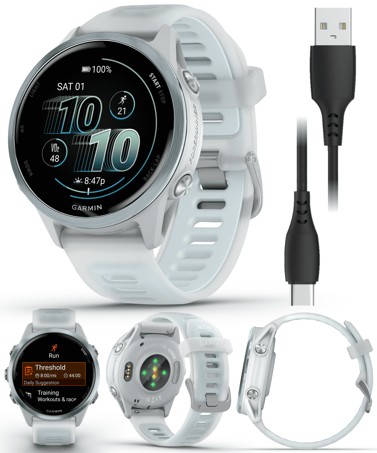 Garmin Forerunner 570 42mm Advanced GPS Running & Triathlon Smartwatch AMOLED Display Training & Recovery Cloud Blue Aluminum w/Translucent Whitestone/Cloud Blue Band w/Wearable4U WHT EarBuds Bundle