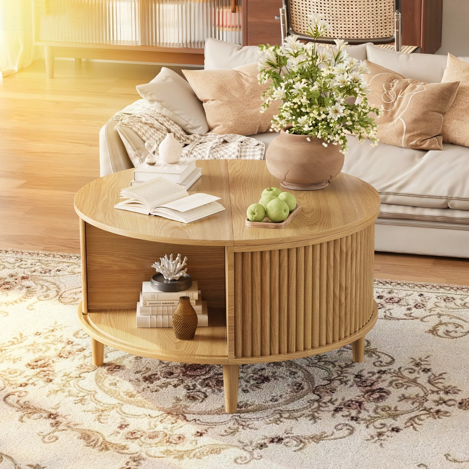CDCASA Round Coffee Table with Storage, Fluted Lift Top Coffee Tables for Living Room, Mid Century Modern Round Center Table with Sliding Cabinet Door, Light Brown
